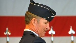 Maj. Gen. Michael Keltz, left, pins the Legion of Merit medal on Col. Lance Bunch, outgoing commander of the 80th Flying Training Wing at Sheppard Air Force Base in Wichita Falls, Texas on Friday, Feb. 13, 2015 during a change of command ceremony. The incoming commander is Col. Gregory Keeton. (AP Photo/Wichita Falls Times Record News, Torin Halsey)