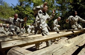 U.S. Army Soldiers make their way through an obstacle during the confidence course portion of basic military training at Fort Jackson, S.C., Sept. 20, 2006. (U.S. Air Force photo by Tech. Sgt. Denise Rayder) (Released)