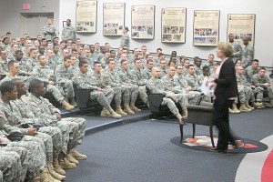 Cynthia Hamala, part of Fort Lee’s Alcohol and Substance Abuse Program, briefs Soldiers from Foxtrot Company, 16th Ordnance Battalion, 59th Ord. Brigade, about the ASAP within the Army. (Contributed Photo)