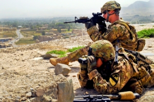 U.S. Army Staff Sgt. Derrik Browne of Columbus, Ind., and U.S. Army Sgt. Jason Andrade of Bastrob, Texas, both squad leaders in Operations Company, Headquarters and Headquarters Battalion, 1st Cavalry Division, provide security June 27 during a visit by Army officials to Bala Hesar, a fortress in Gardez that is home to a new Afghan quick reaction force. The force is comprised of Afghan National Army, Afghan Uniformed Police, Afghan Border Police, and Afghan National Civil Order Police members. (Photo by U.S. Army Spc. Adam L. Mathis, 17th Public Affairs Detachment)